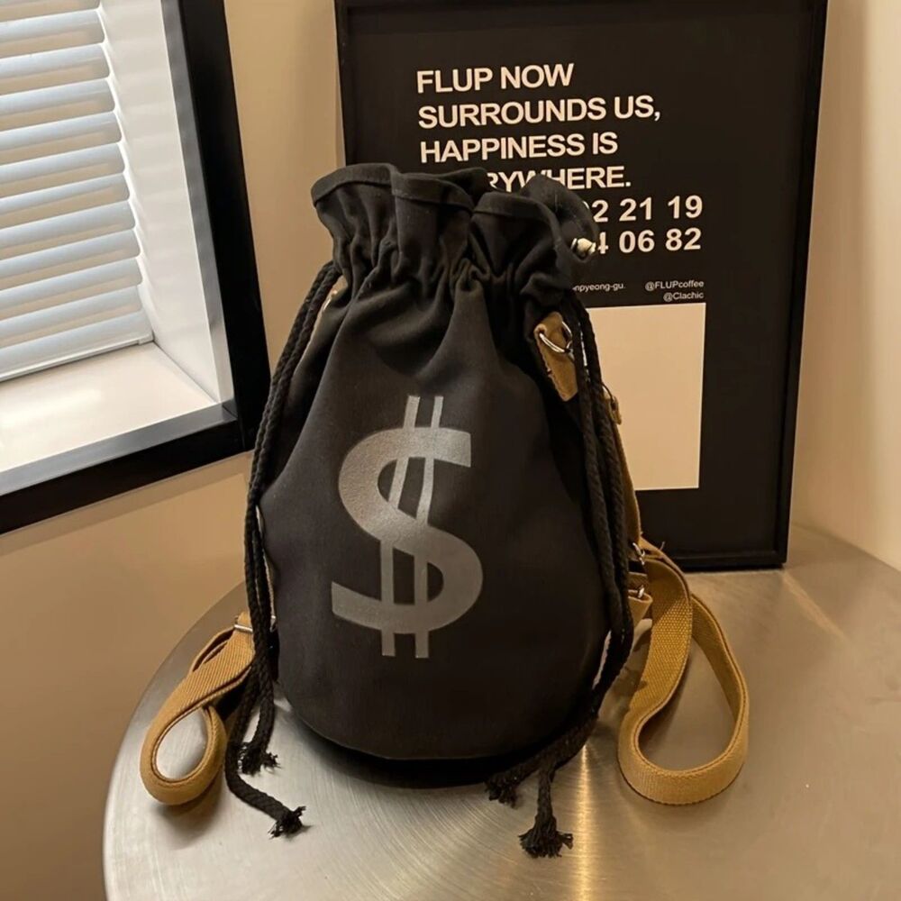 Bank Heist Money Bag Satchel Canvas Drawstring Backpack with Dollar Sign- Black